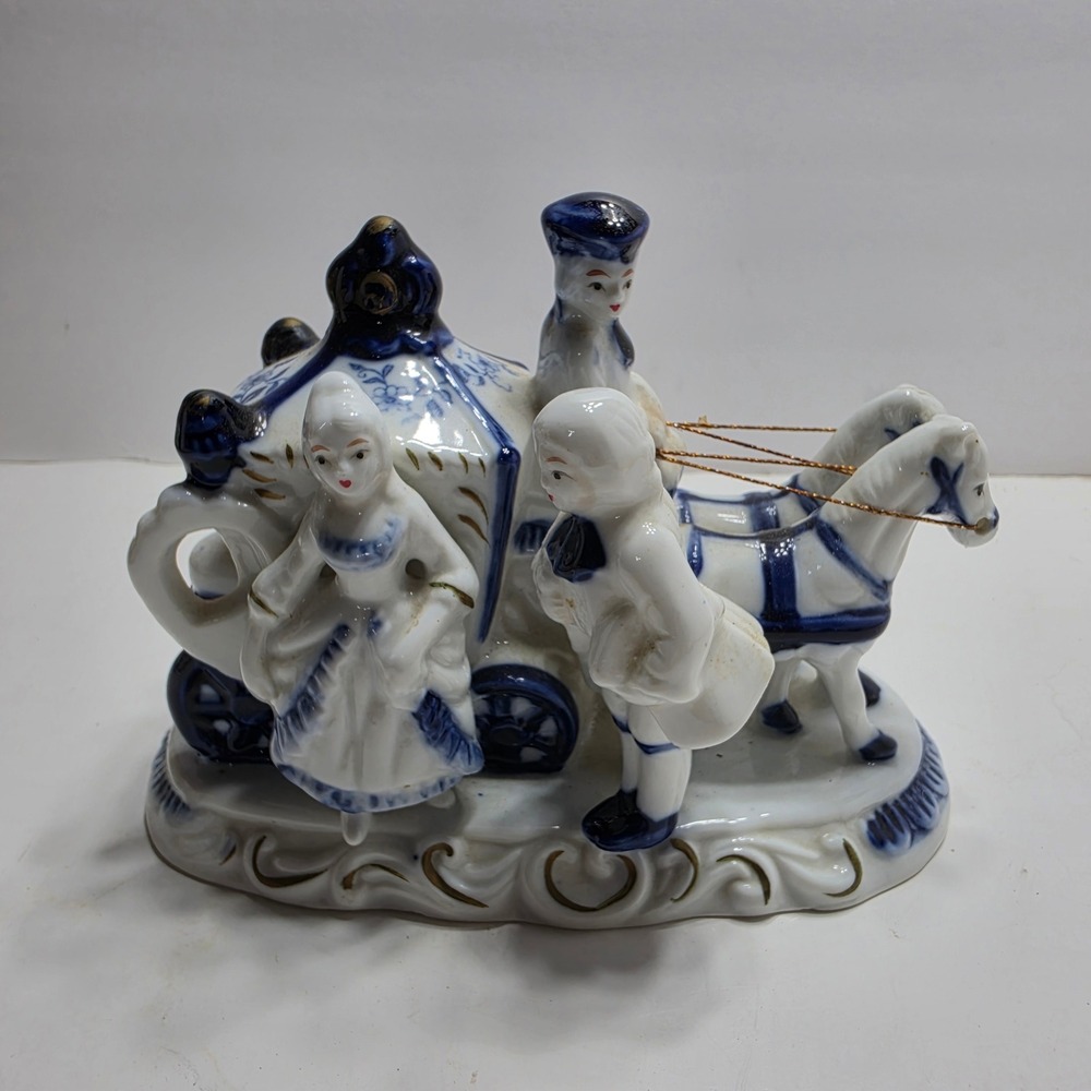Vintage Blue White Porcelain Horse Drawn Carriage Figurine Gold Accents